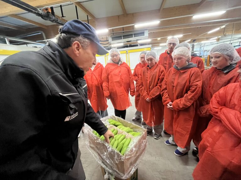 Schülerinnen und Schüler in roten Schutzmänteln und weißen Schutzhauben mit einem Mitarbeiter der Firma Frutura beim Gespräch über das Vorreifen von Bio-Bananen